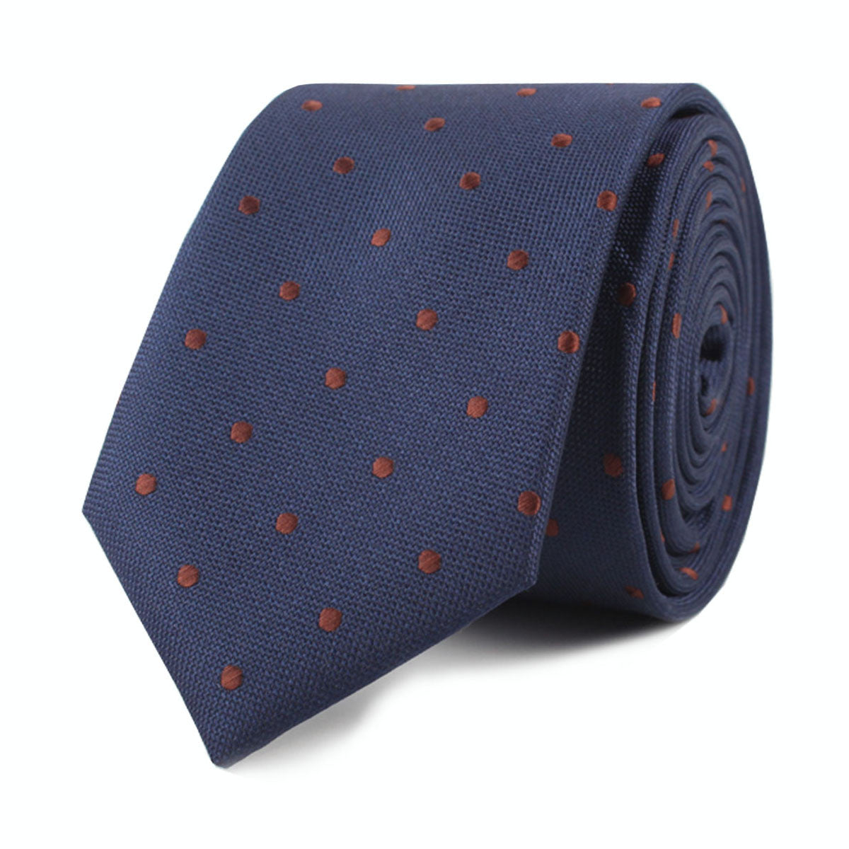 Navy Blue with Brown Polka Dots Skinny Tie Front Roll