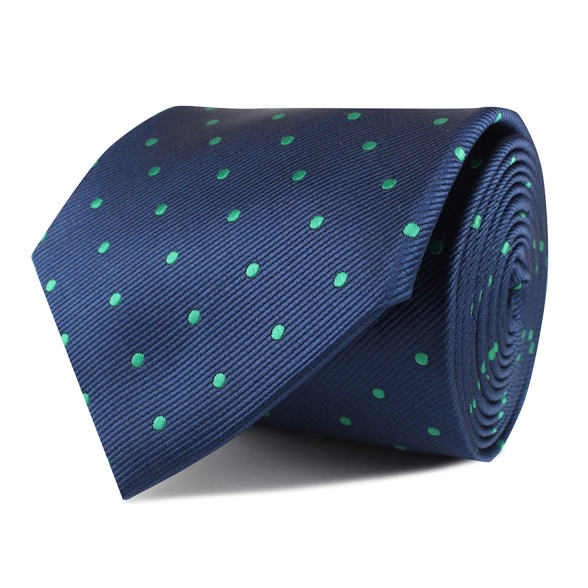 Navy Blue with Green Polka Dots Necktie Front Roll