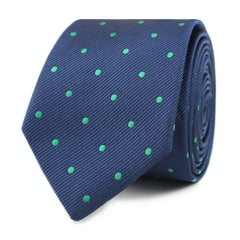 Navy Blue with Green Polka Dots Skinny Tie Front Roll