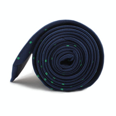 Navy Blue with Green Polka Dots Skinny Tie Side Roll