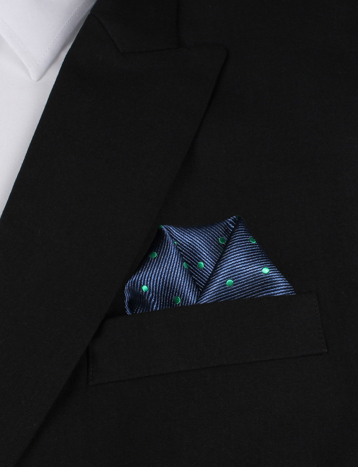 Navy Blue with Green Polka Dots Winged Puff Pocket Square Fold
