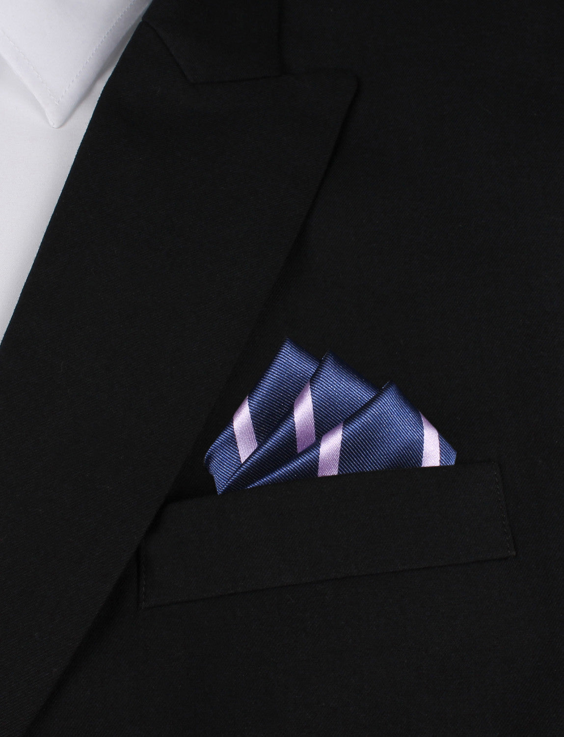 Navy Blue with Lavender Purple Stripes Oxygen Three Point Pocket Square Fold
