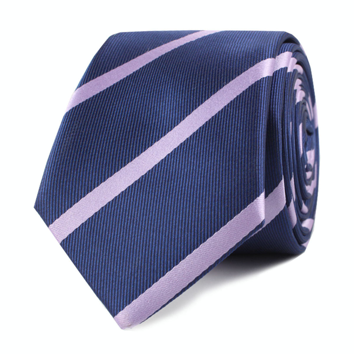 Navy Blue with Lavender Purple Stripes Skinny Tie Front Roll