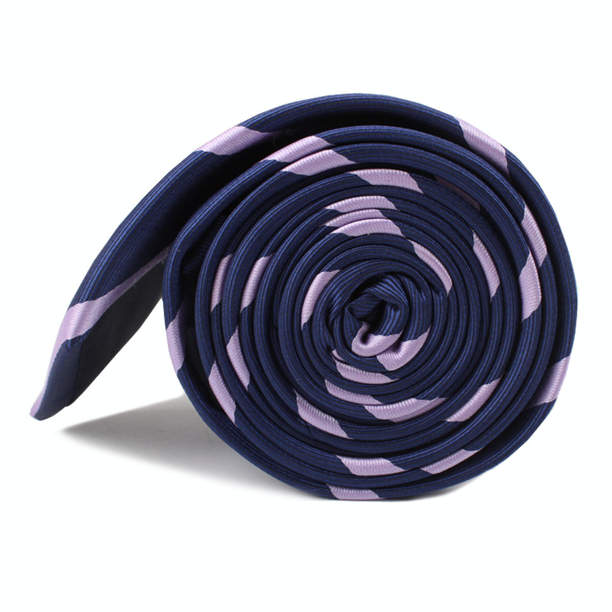 Navy Blue with Lavender Purple Stripes Skinny Tie Side Roll