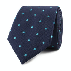 Navy Blue with Mint Blue Polka Dots Skinny Tie Front Roll