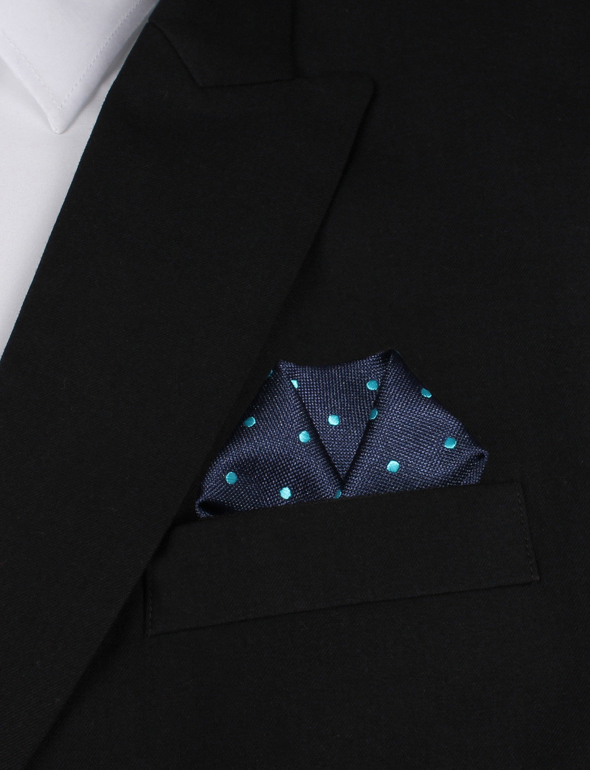 Navy Blue with Mint Blue Polka Dots Winged Puff Pocket Square Fold