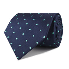 Navy Blue with Mint Green Polka Dots Necktie Front Roll