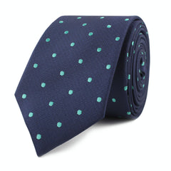 Navy Blue with Mint Green Polka Dots Skinny Tie Front Roll