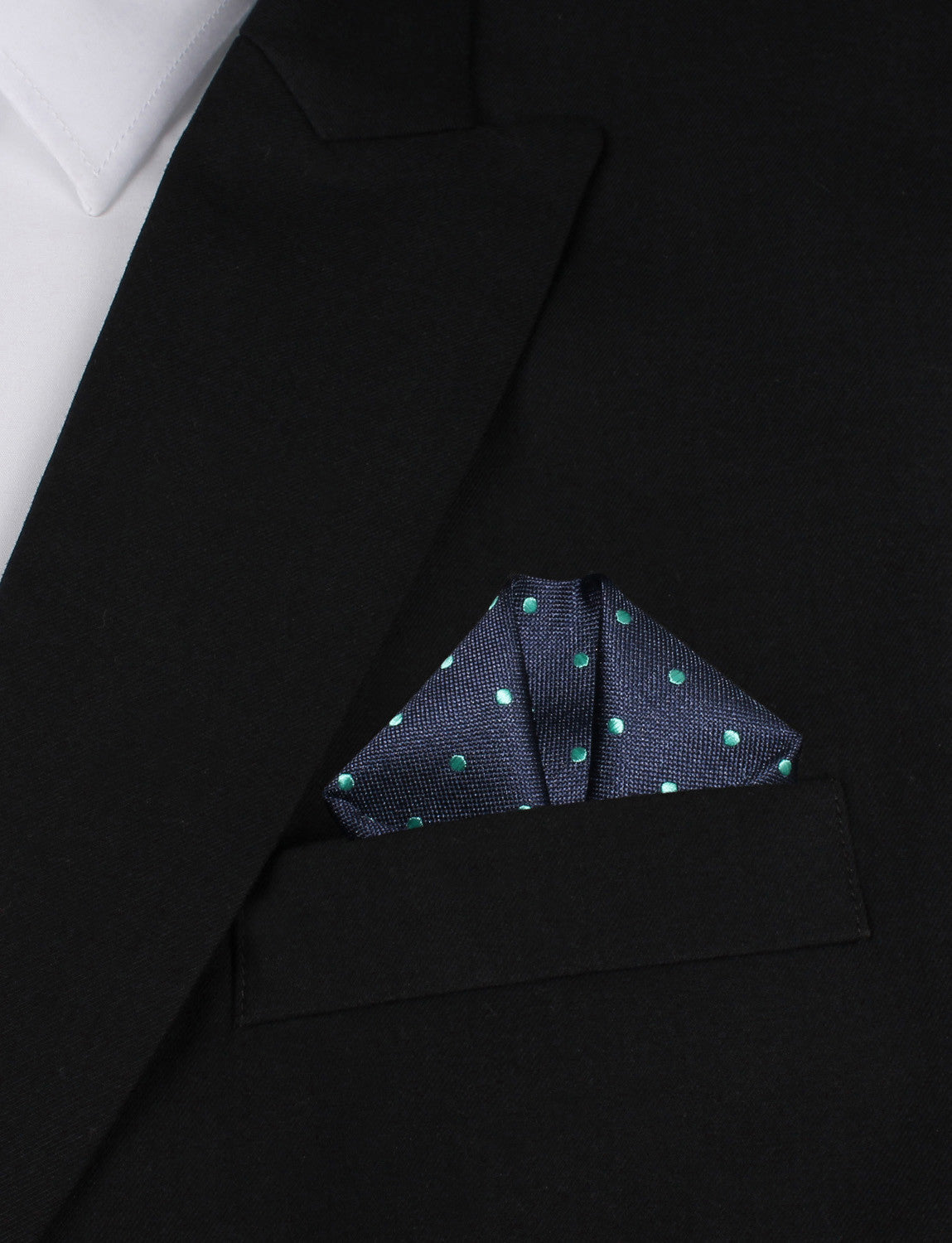 Navy Blue with Mint Green Polka Dots Winged Puff Pocket Square Fold