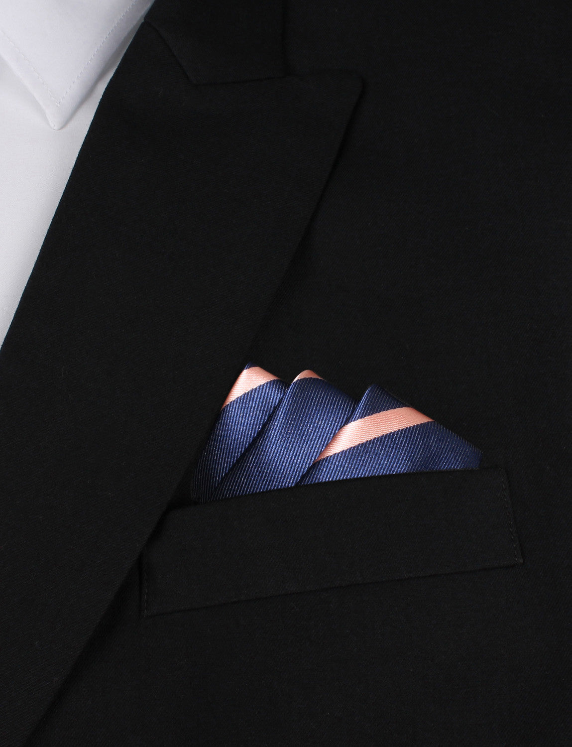 Navy Blue with Peach Stripes Oxygen Three Point Pocket Square Fold