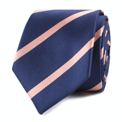 Navy Blue with Peach Stripes Skinny Tie Front Roll