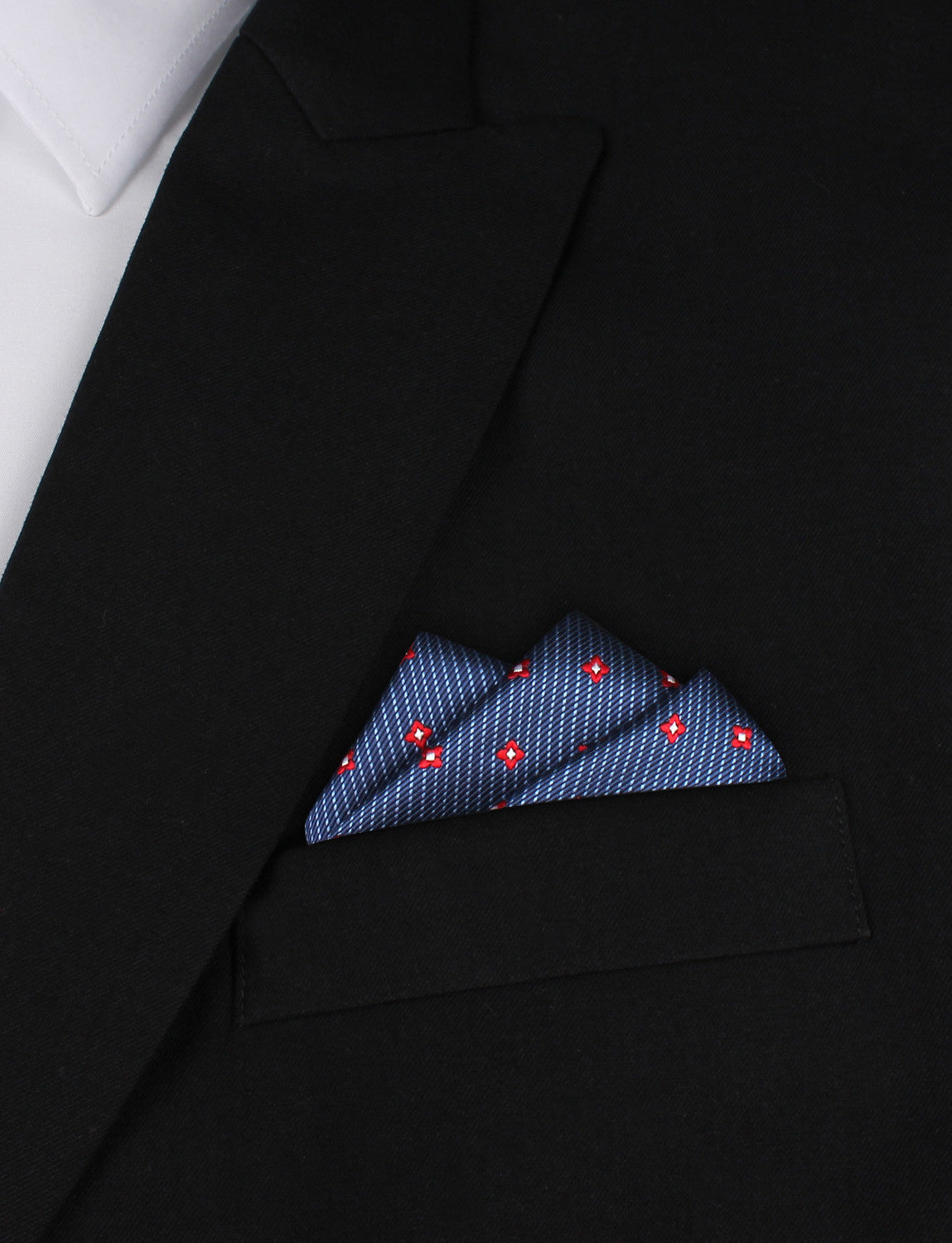 Navy Blue with Red Pattern - Oxygen Three Point Pocket Square Fold
