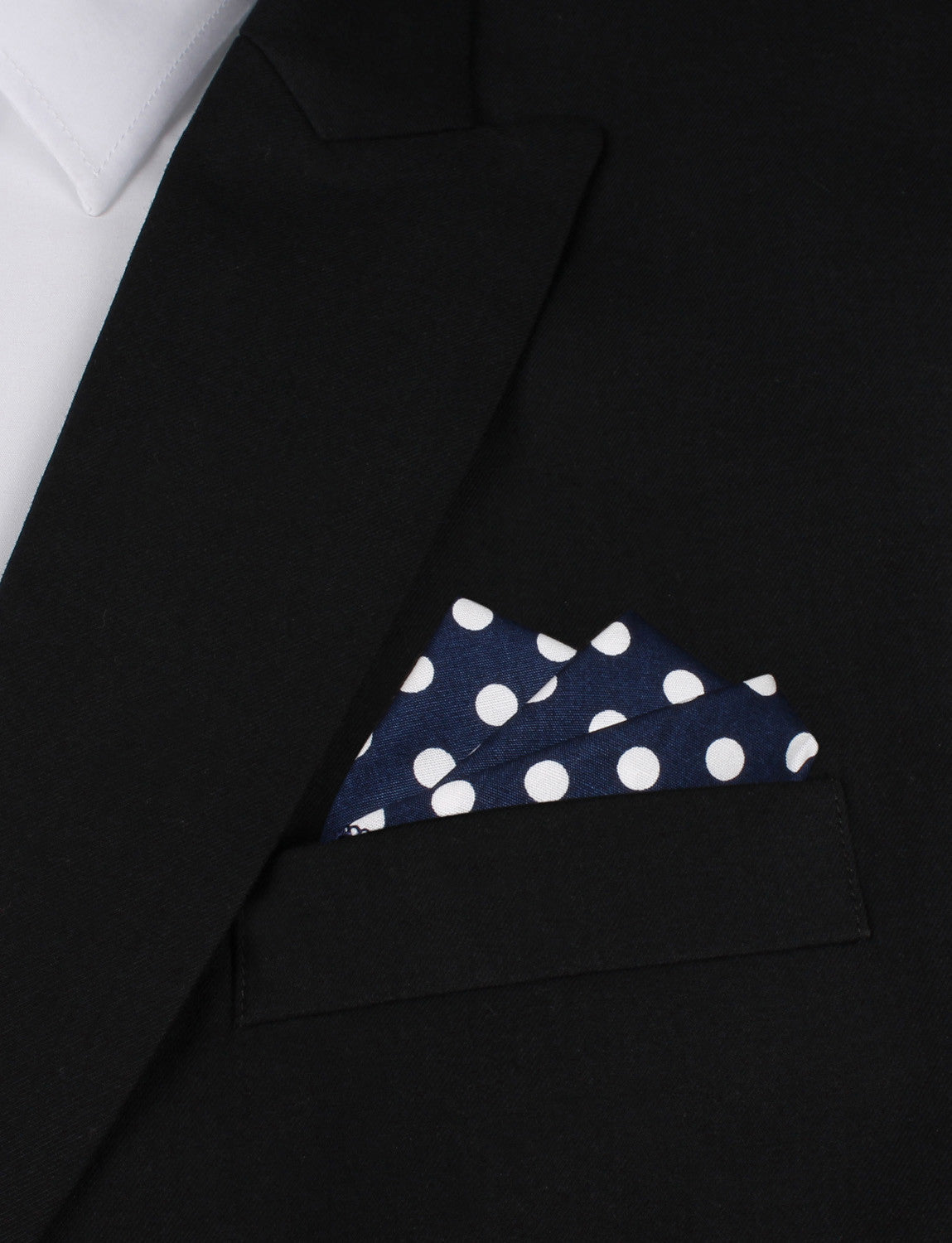 Navy Blue with White Large Polka Dots Cotton Oxygen Three Point Pocket Square Fold