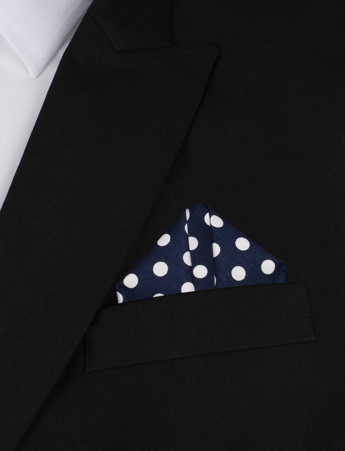 Navy Blue with White Large Polka Dots Cotton Winged Puff Pocket Square Fold
