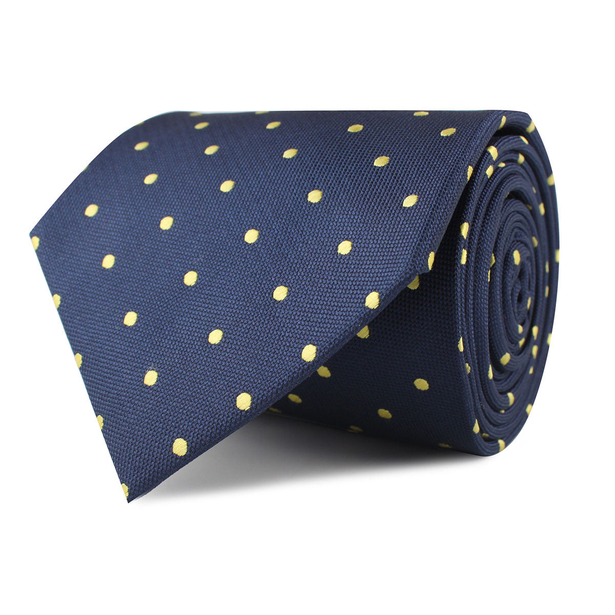 Navy Blue with Yellow Polka Dots Necktie Front Roll
