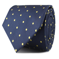 Navy Blue with Yellow Polka Dots Skinny Tie Front Roll