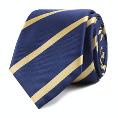 Navy Blue with Yellow Stripes Skinny Tie Front Roll