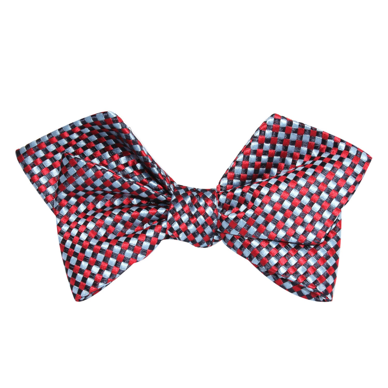 Navy and Light Blue Red Checkered Self Tie Diamond Tip Bow Tie 1