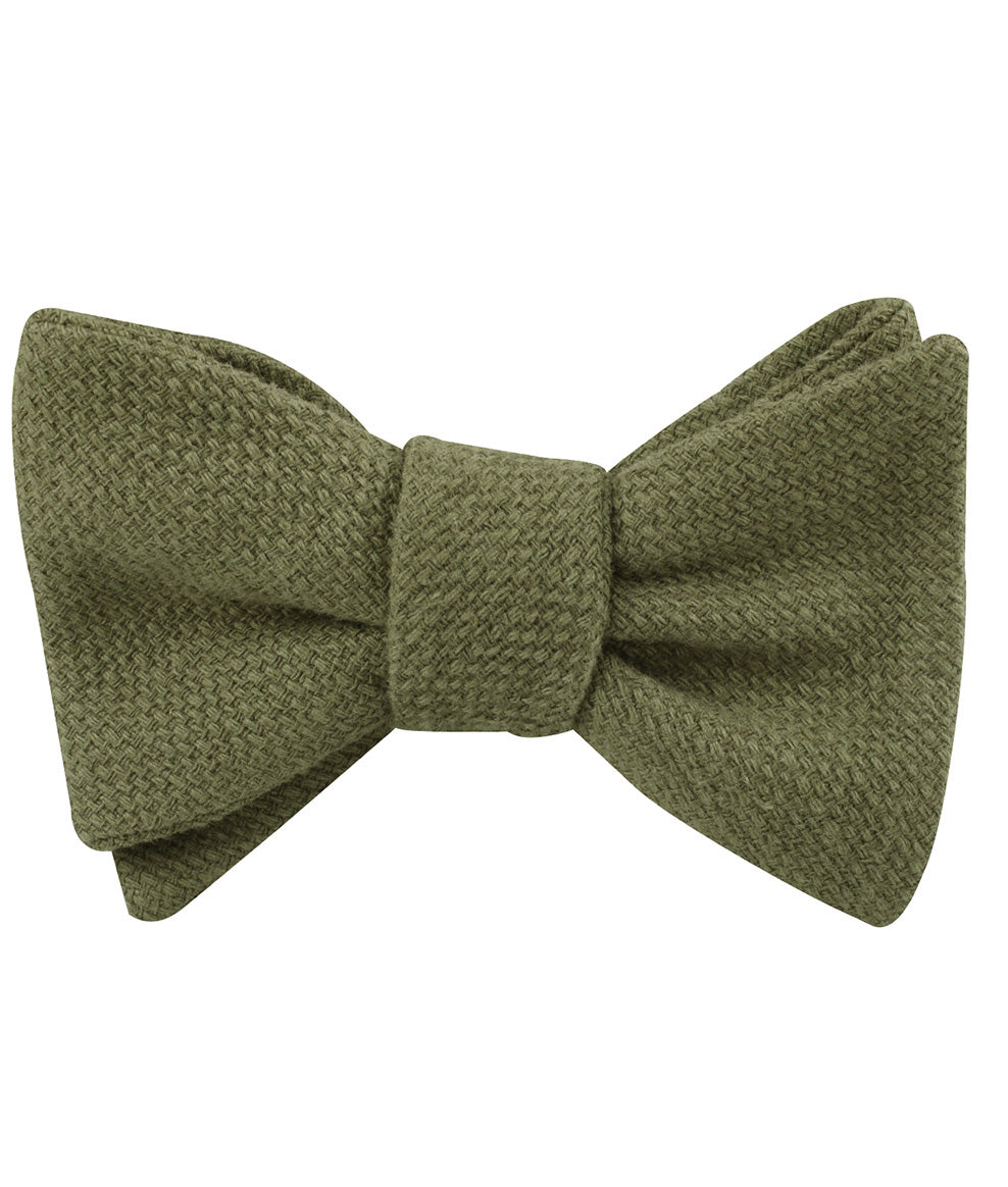 Olive Green Basket Weave Linen Self Bow Tie Folded Up