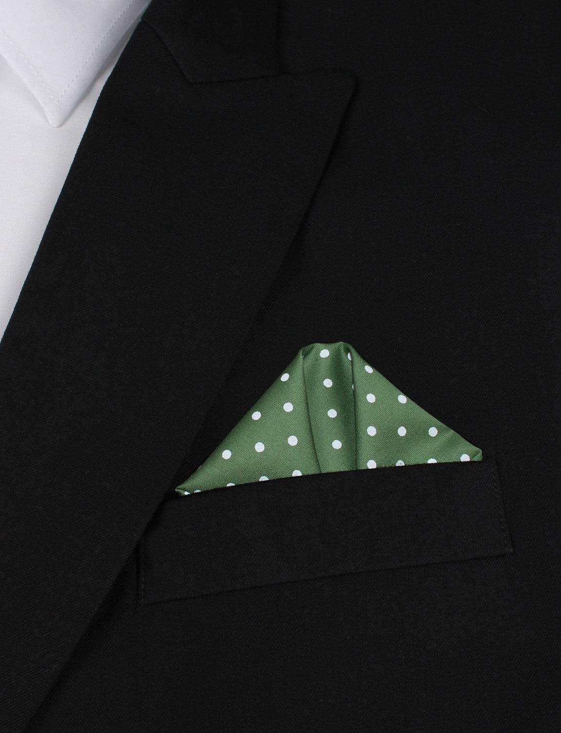Olive Green Cotton with Mini White Polka Dots Winged Puff Pocket Square Fold