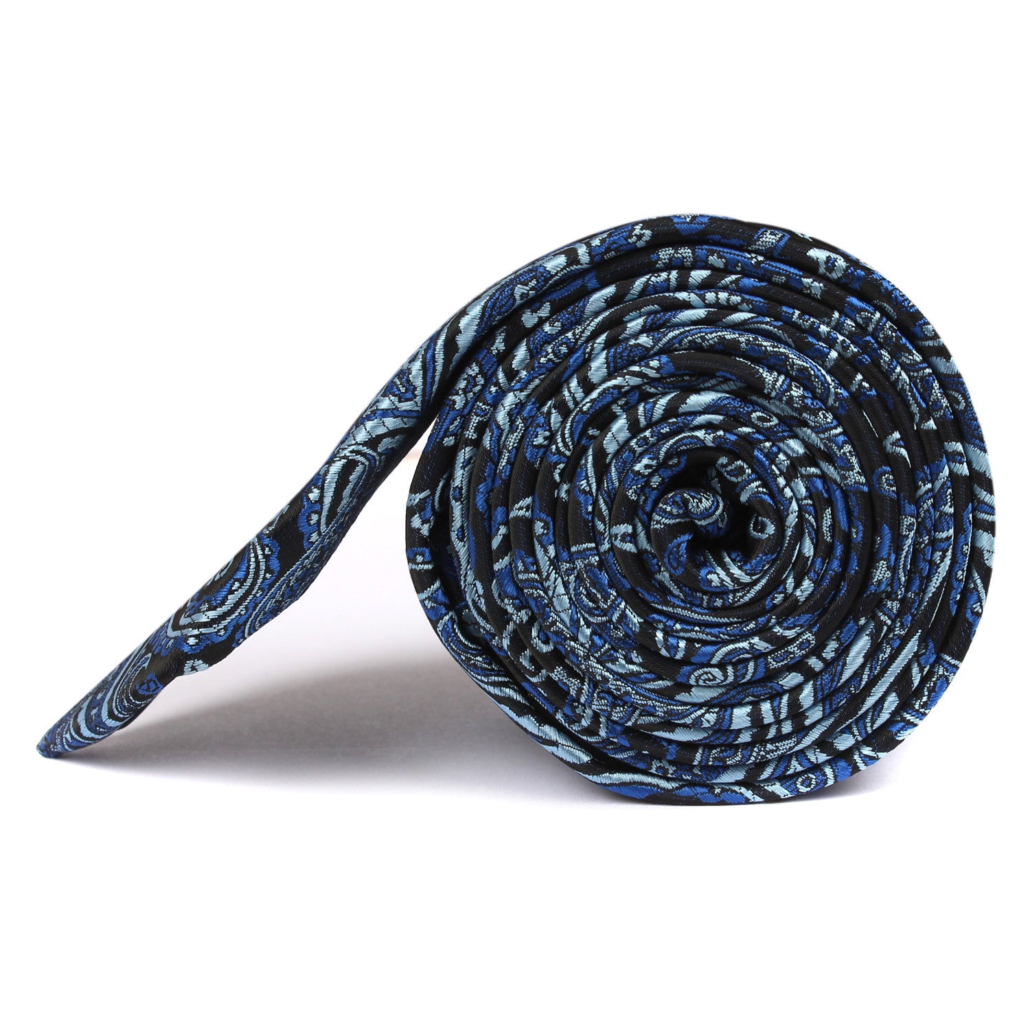 Paisley Black and Blue Skinny Tie Side Roll