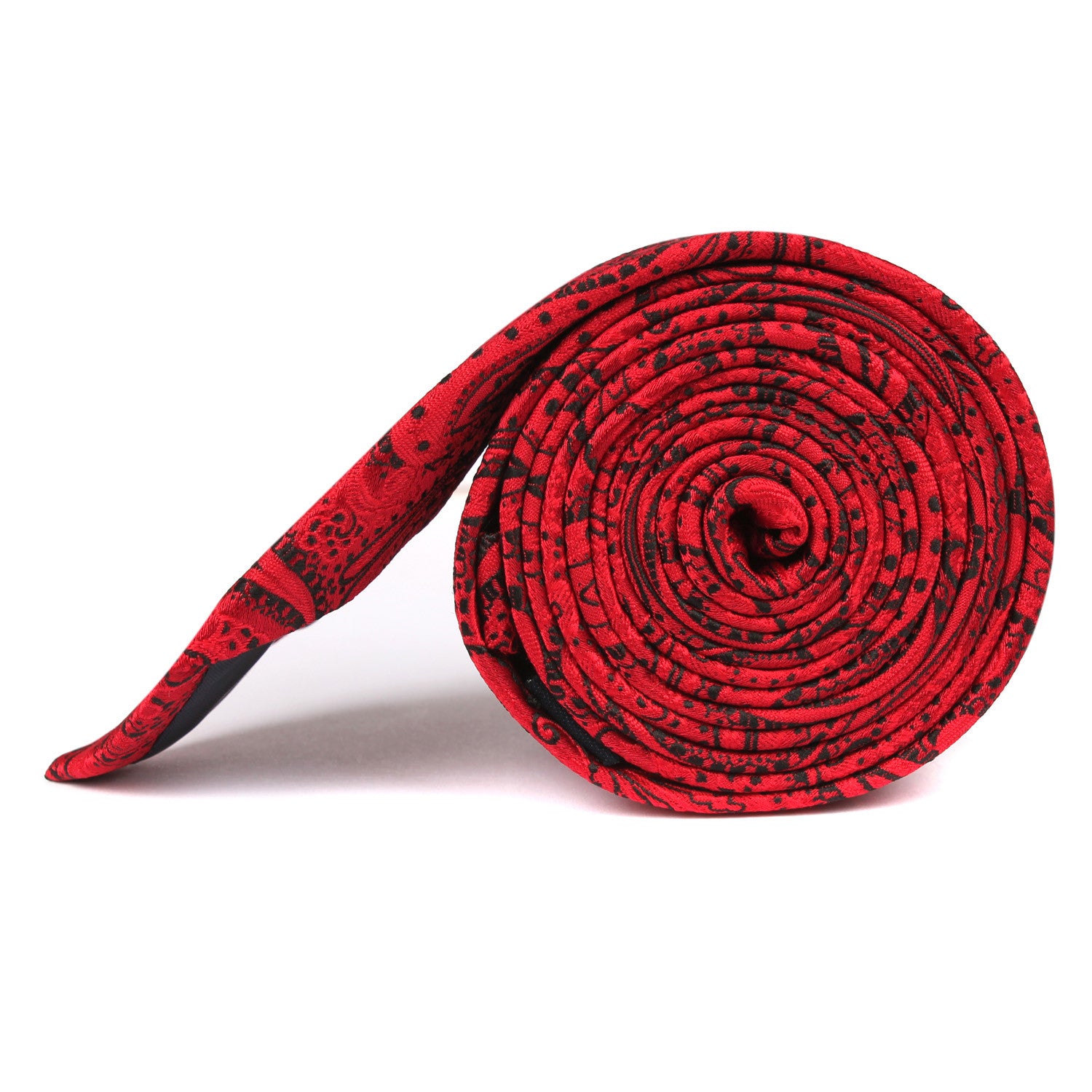 Paisley Red Maroon with Black Skinny Tie Side Roll