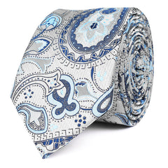 Paisley Silver Skinny Tie with Light Blue