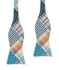 Palid Blue Gingham Cotton Polka Dot Self Tie Bow Tie