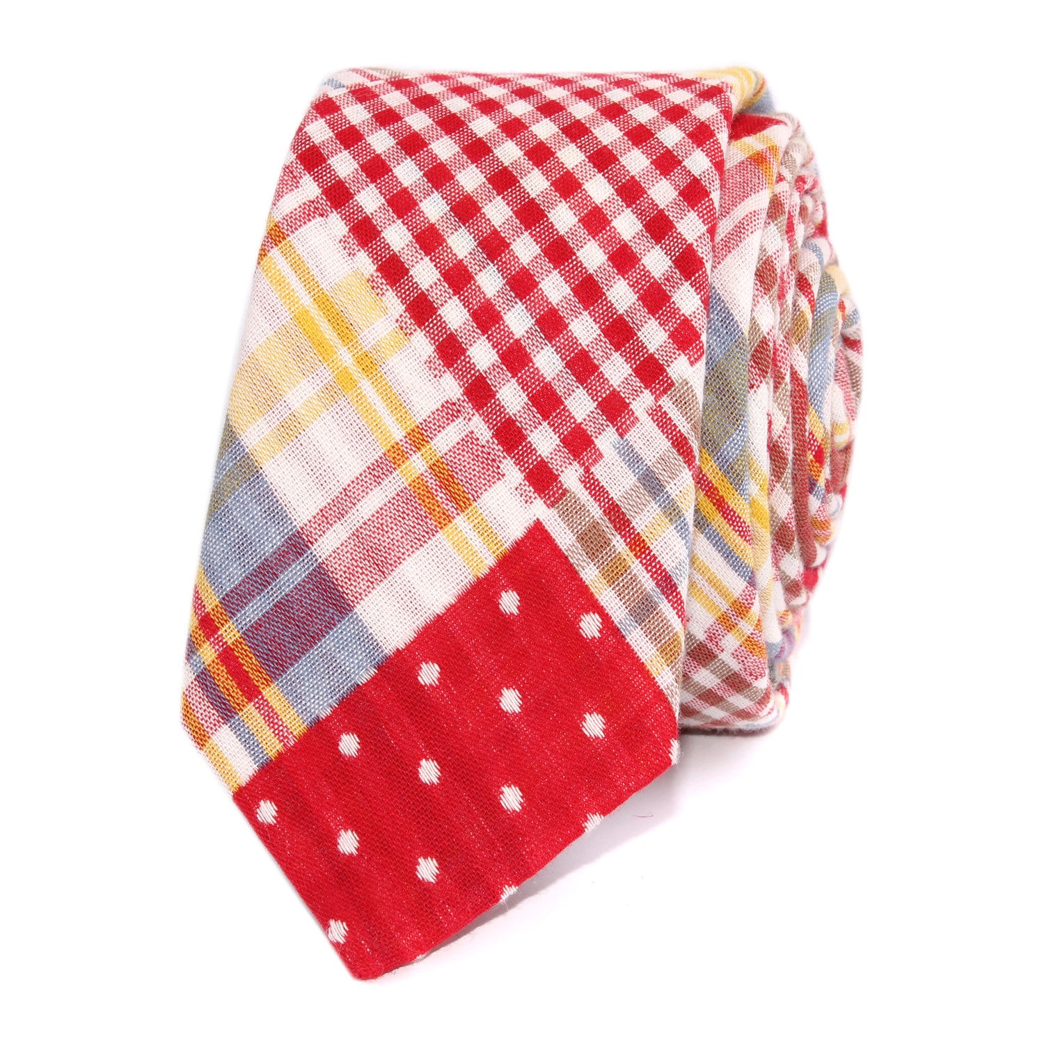 Palid Red Gingham Cotton Polka Dot Skinny Tie Front