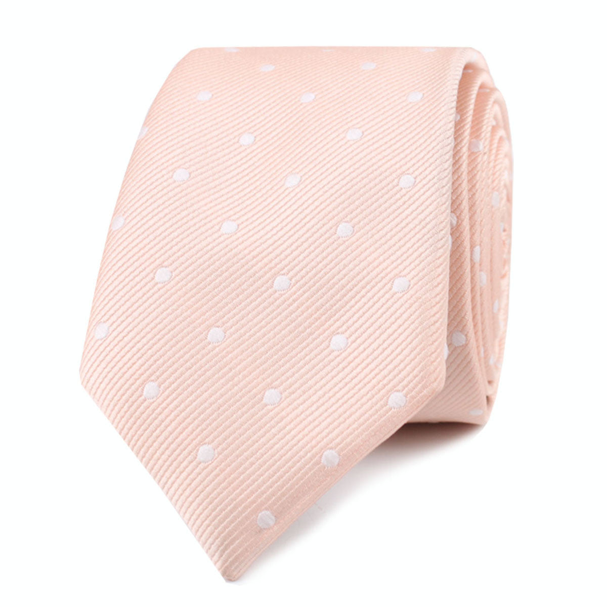 Peach with White Polka Dots Skinny Tie Front Roll