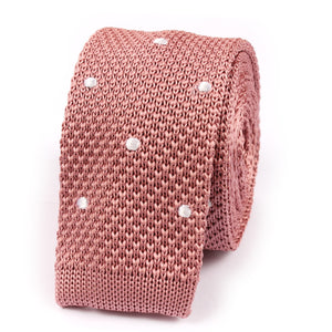 Pink Knitted Tie with White Polka Dots