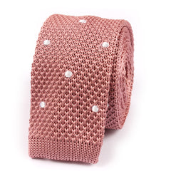 Pink Knitted Tie with White Polka Dots