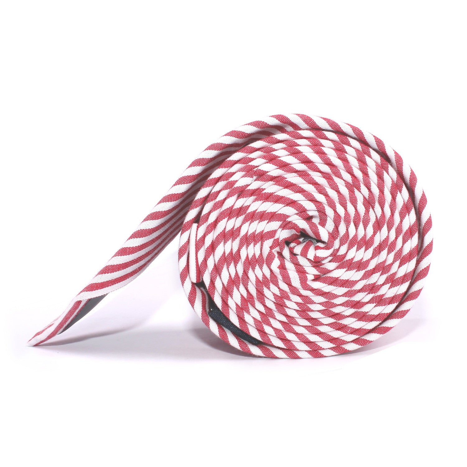 Red and White Chalk Stripe Cotton Skinny Tie Side roll