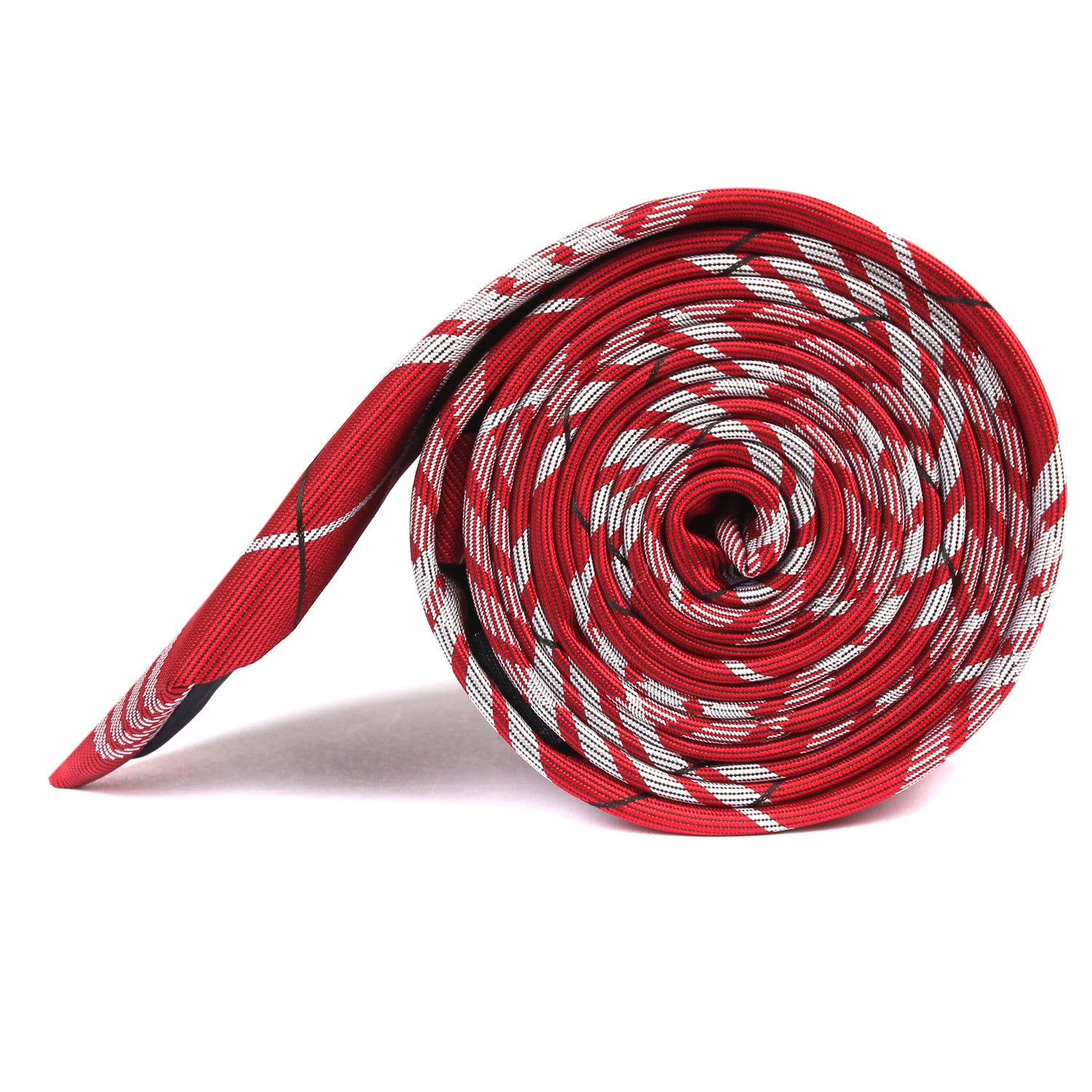Scarlet Maroon with White Stripes Skinny Tie Side Roll