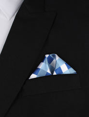 Sea and Light Blue White Checkered - Winged Puff Pocket Square Fold