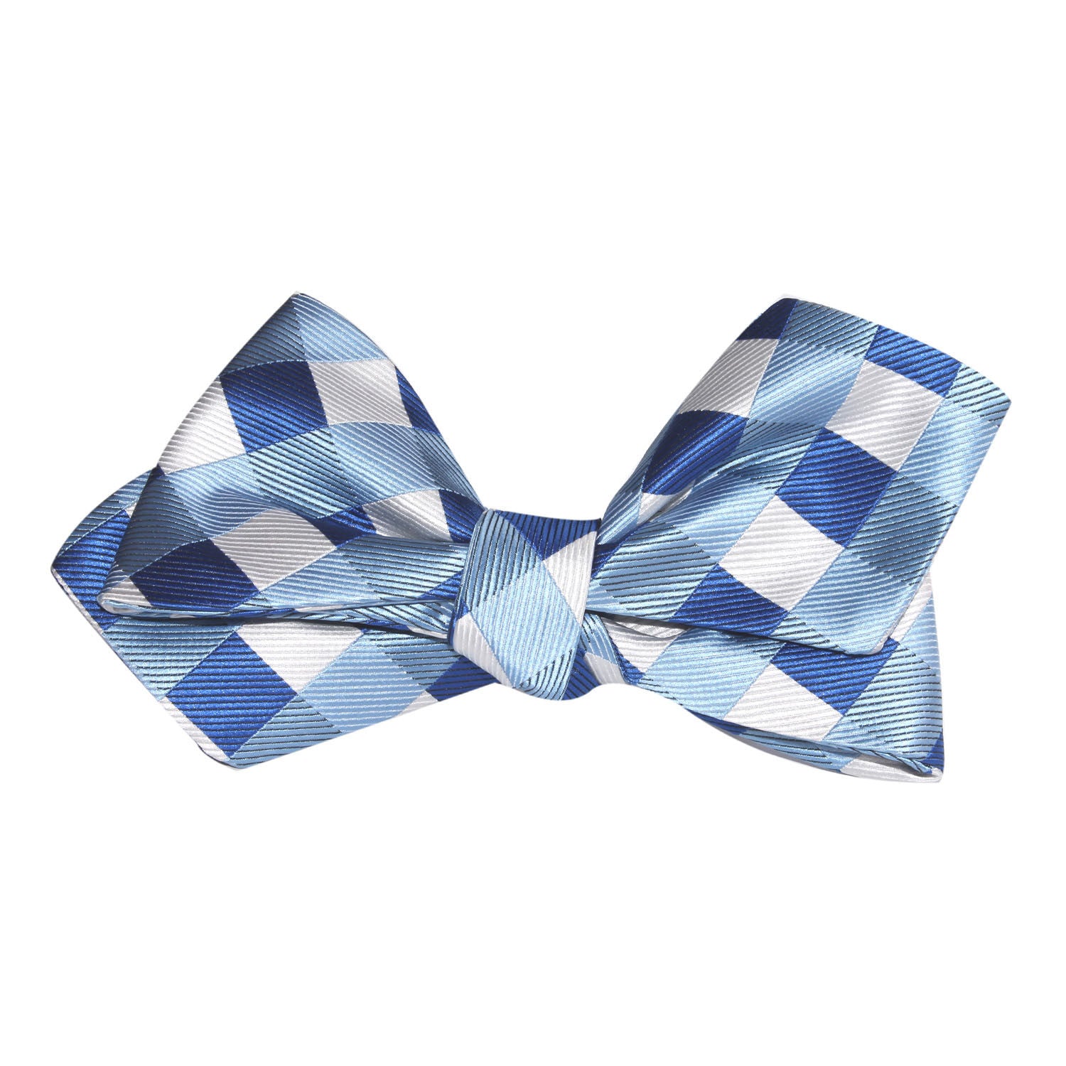 Sea and Light Blue White Checkered Self Tie Diamond Tip Bow Tie 3