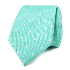 Seafoam Green with White Polka Dots Skinny Tie Front Roll