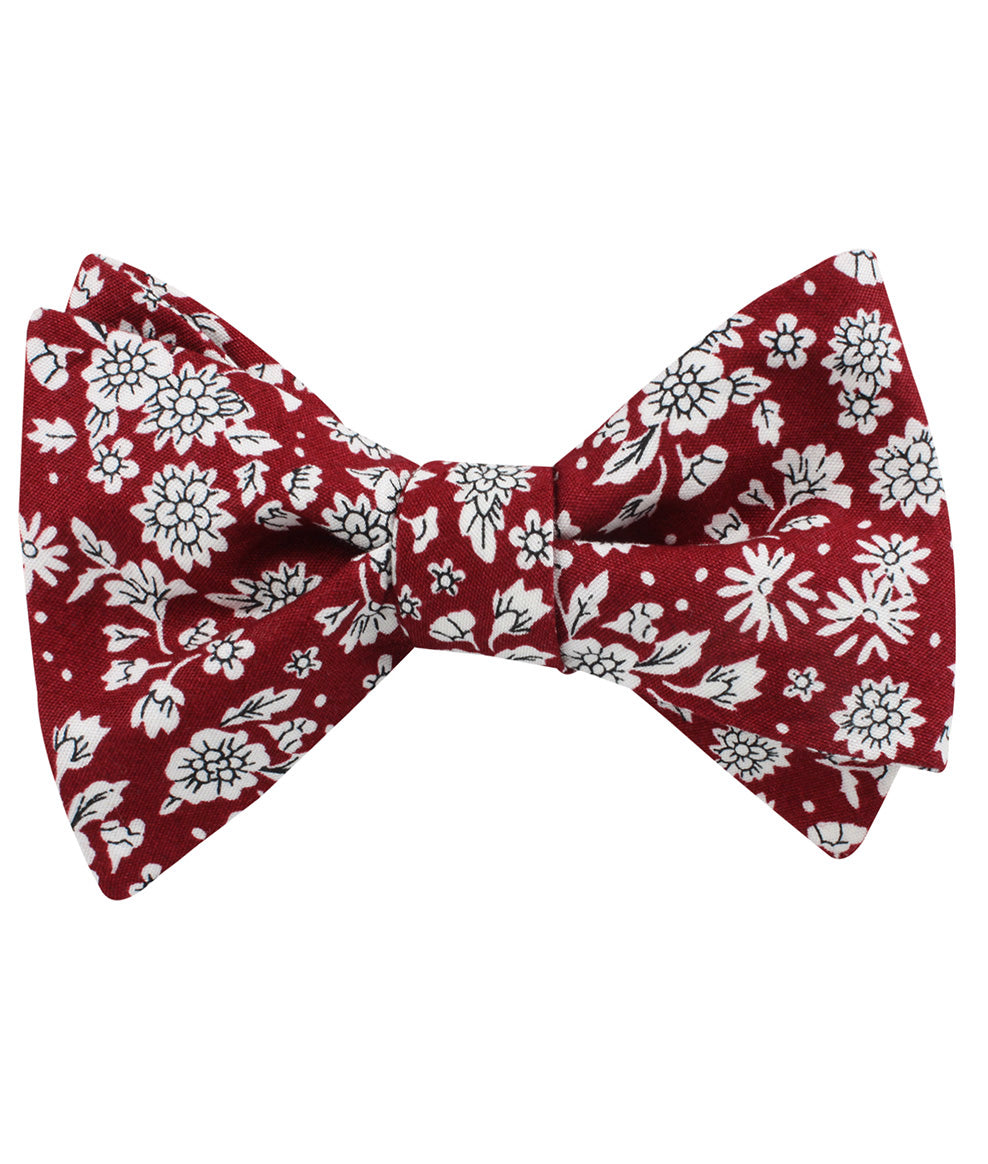 Shizuoka Merlot Red Floral Self Bow Tie Folded Up