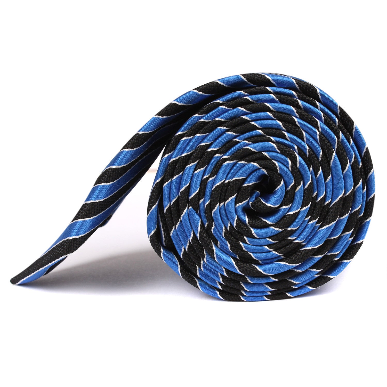 Striped Blue Black Skinny Tie Side Roll