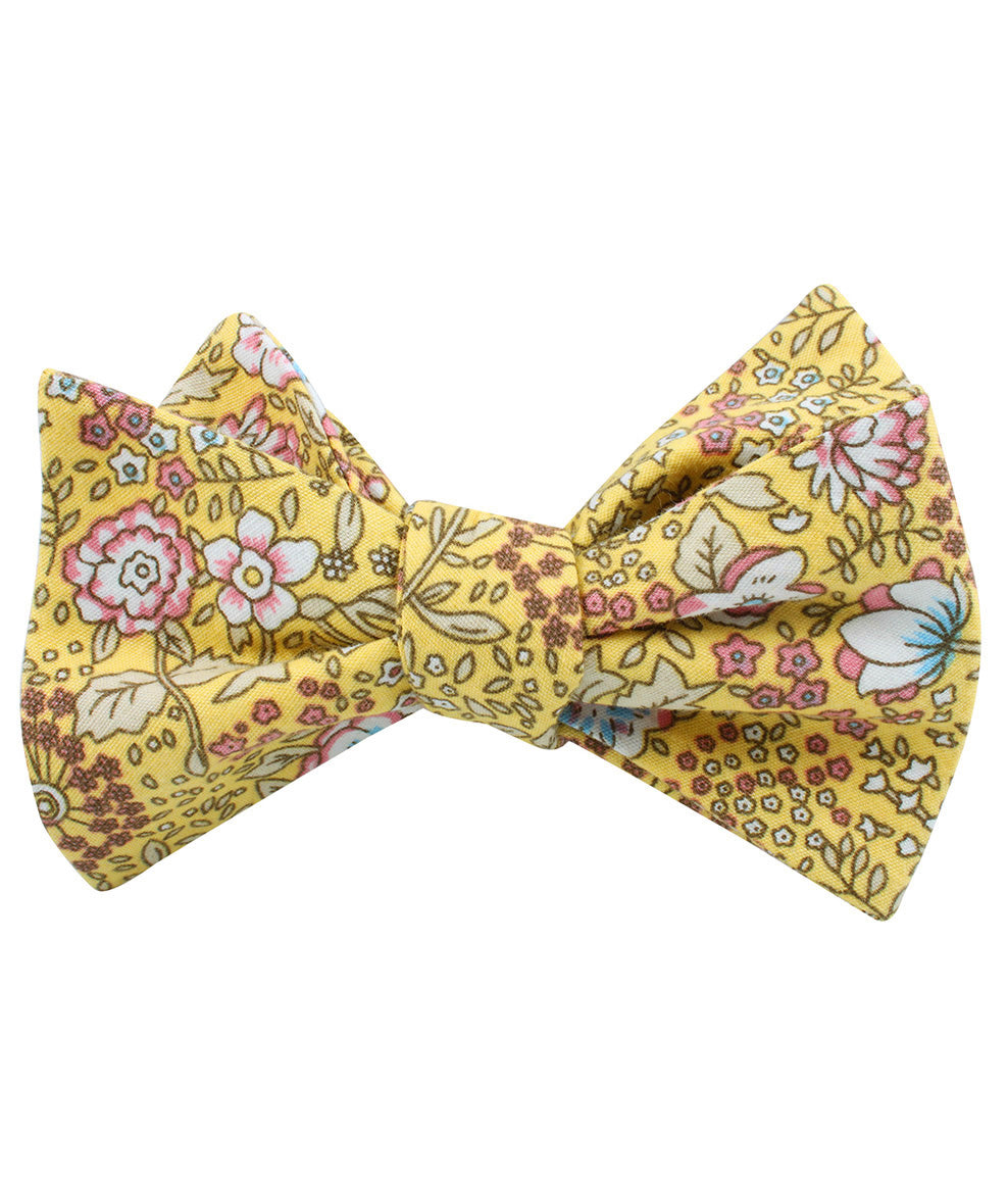 Tahitian Yellow Floral Self Bow Tie Folded Up