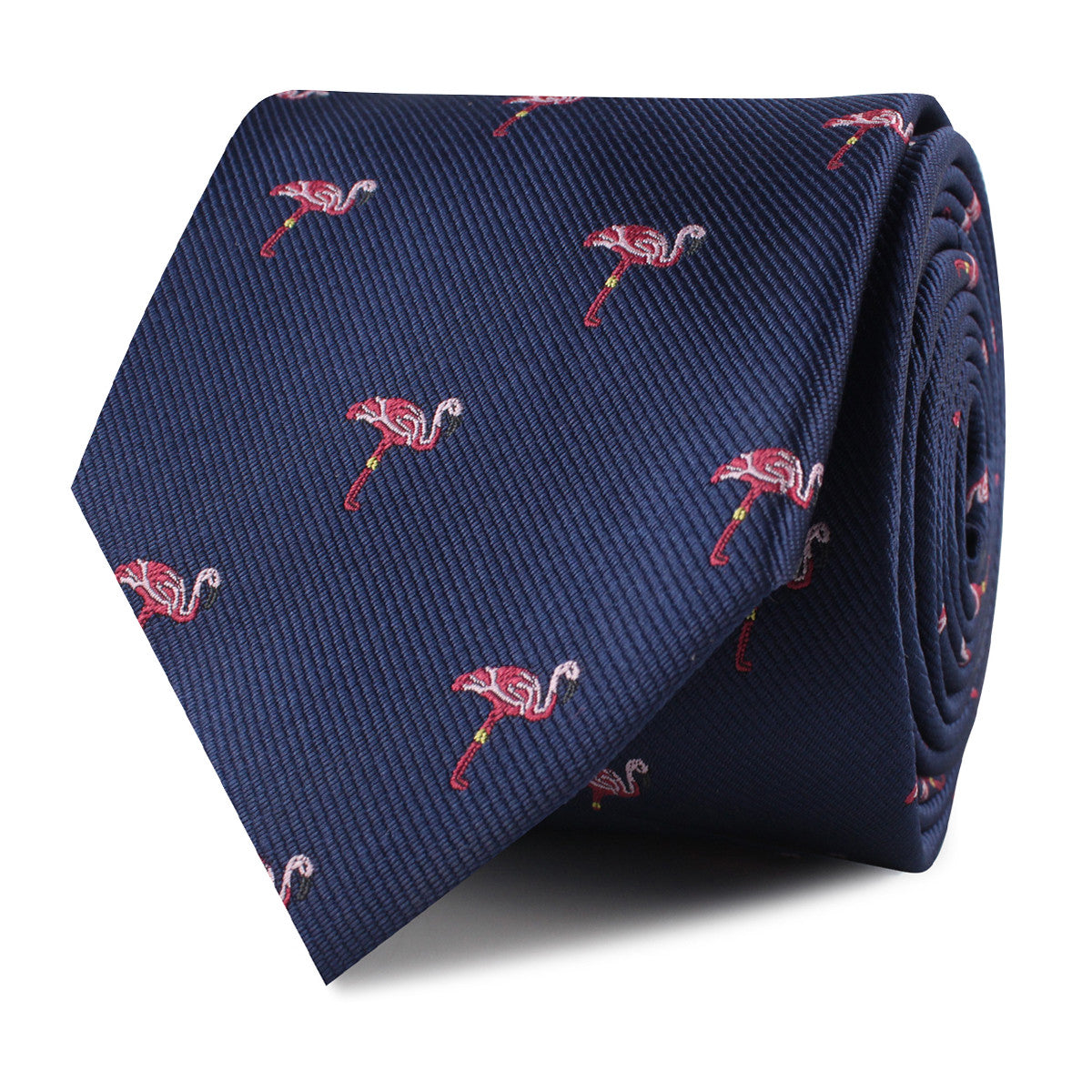 The Navy Blue Pink Flamingo Skinny Tie Front Roll