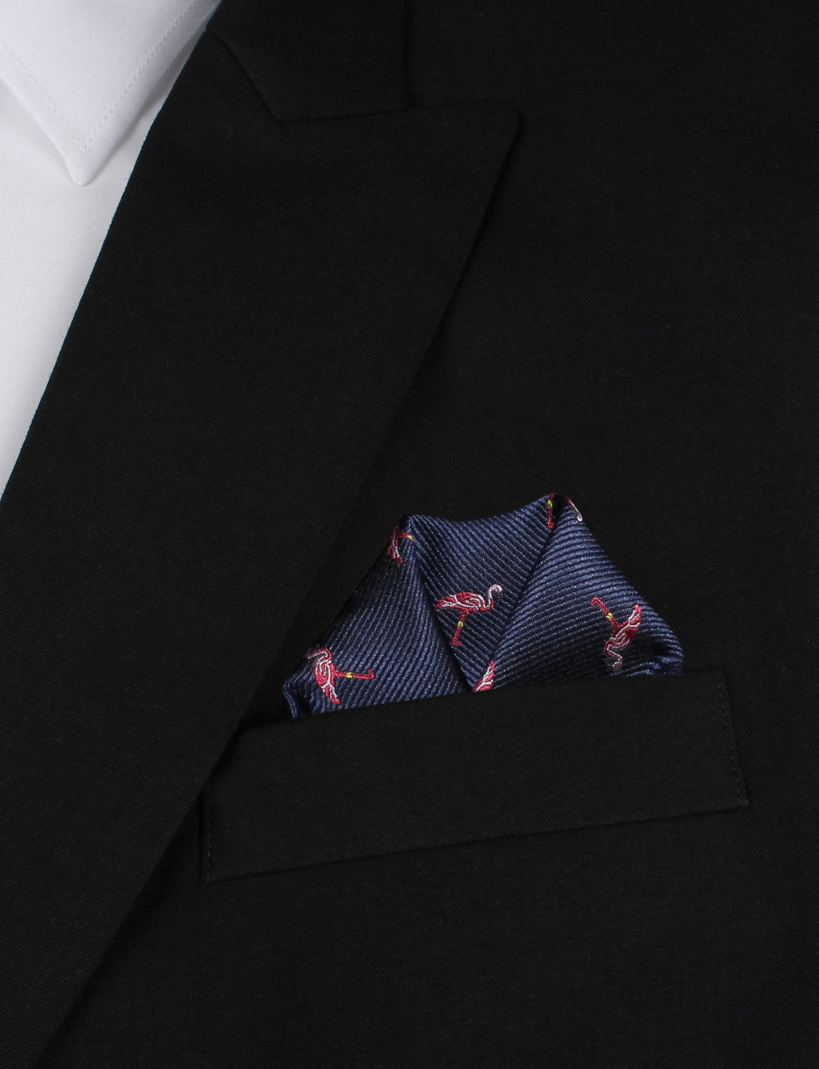 The Navy Blue Pink Flamingo Winged Puff Pocket Square Fold