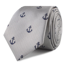 The OTAA Light Grey with Navy Blue Anchors Skinny Tie Front Roll