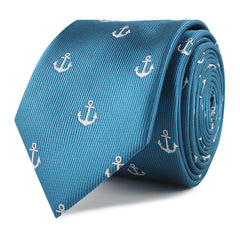 The OTAA Teal Blue Anchor Skinny Tie Front Roll
