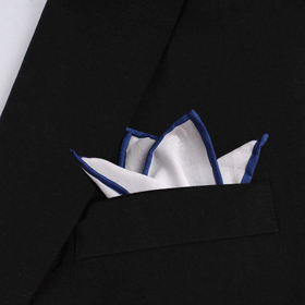 White Cotton Pocket Square with Dark Blue Border 04-WCPS