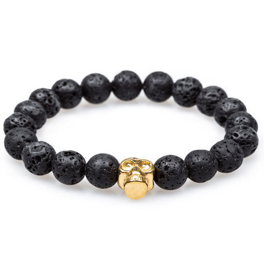 Volcanic Rock Burnished Gold Skull Bracelet