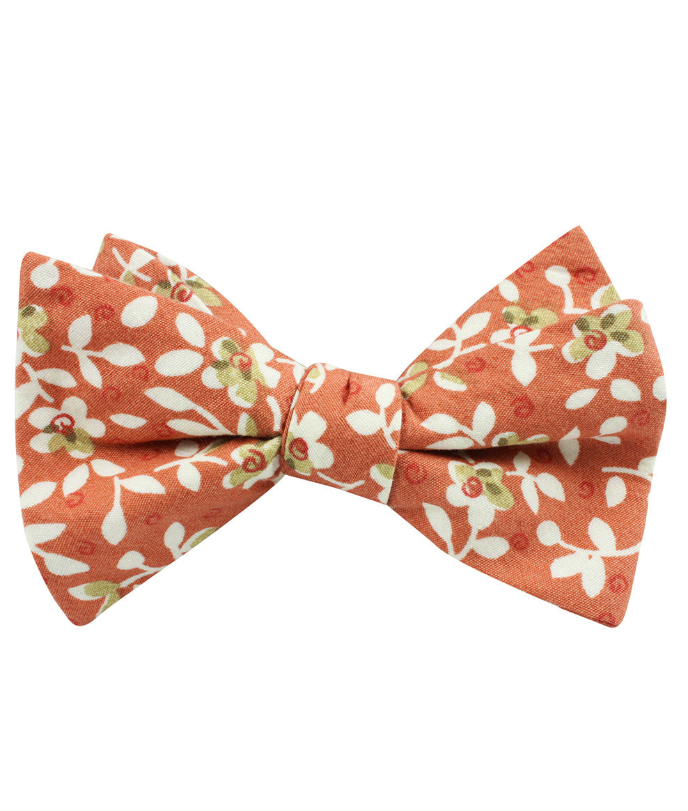 White Orchid Dusty Orange Floral Self Bow Tie Folded Up