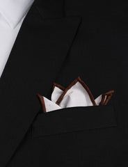 White Cotton Pocket Square with Brown Border Four Point Fold