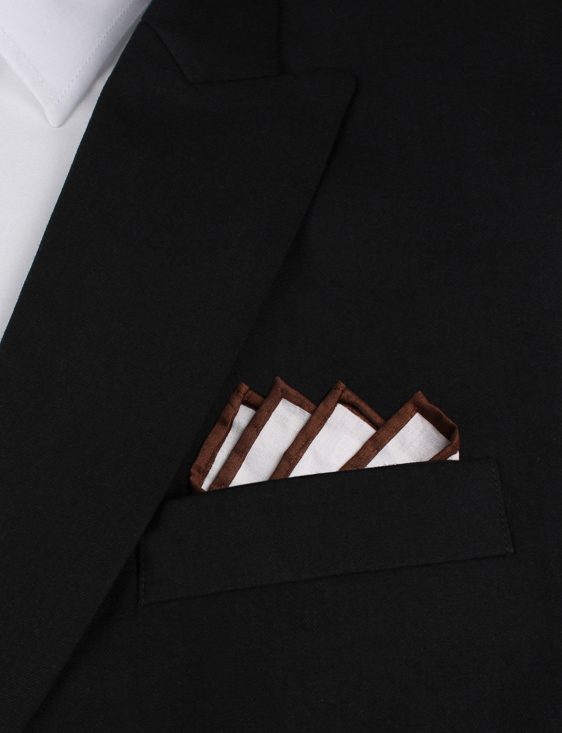 White Cotton Pocket Square with Brown Border Point Fold