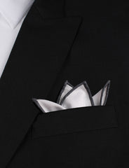 White Cotton Pocket Square with Charcoal Grey Border Four Point Fold